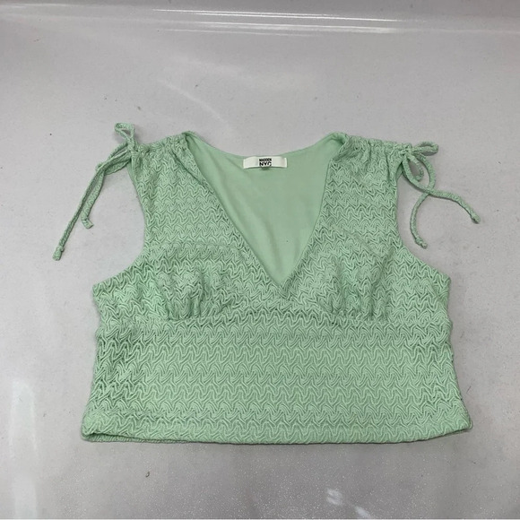 Madden NY Babydoll Crochet Lace Crop Top Woman Large Mint Green Knit Stretch Y2K - Picture 5 of 10